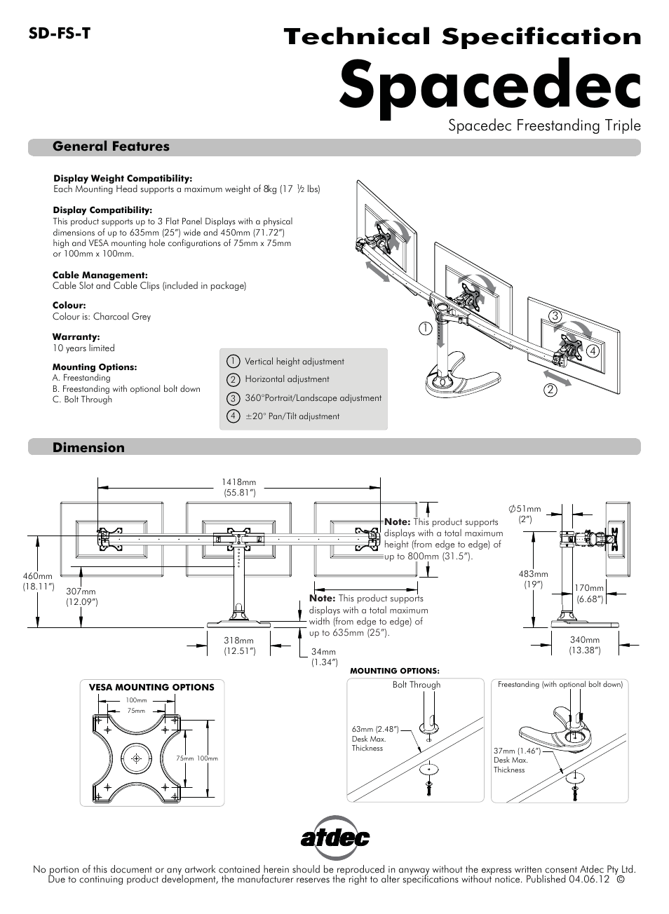 Atdec Spacedec SD-FS-T Technical specs User Manual | 1 page