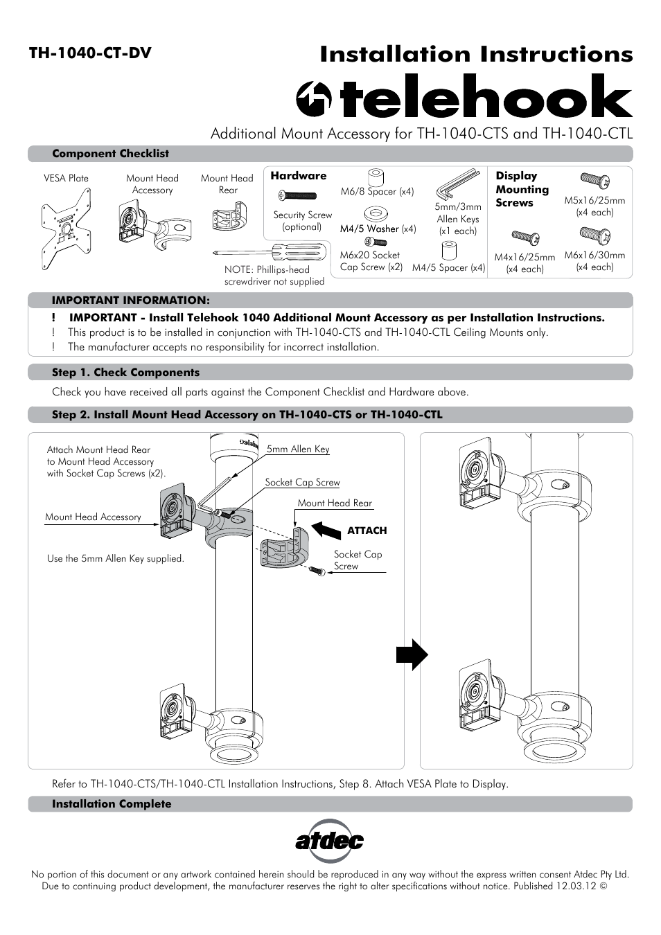 Atdec Telehook TH-1040-CT-DV Installation manual User Manual | 1 page