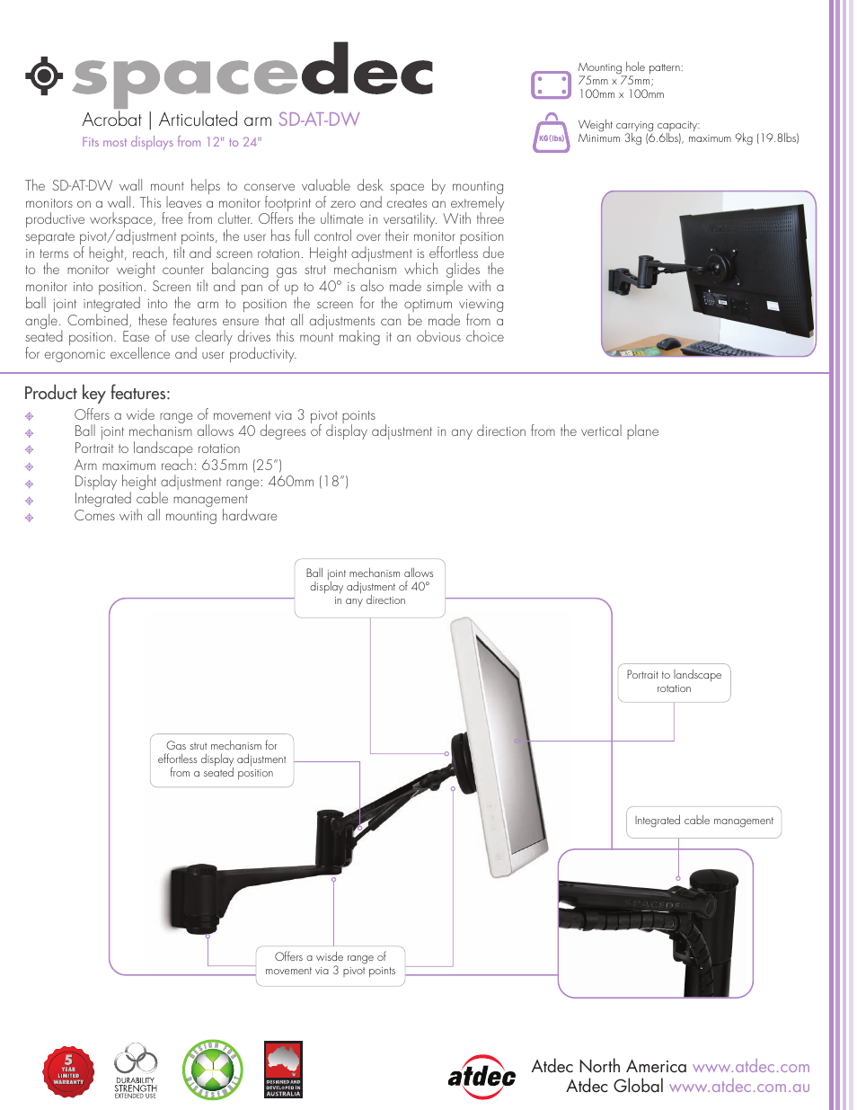 Atdec Spacedec SD-AT-DW product brochure User Manual | 2 pages