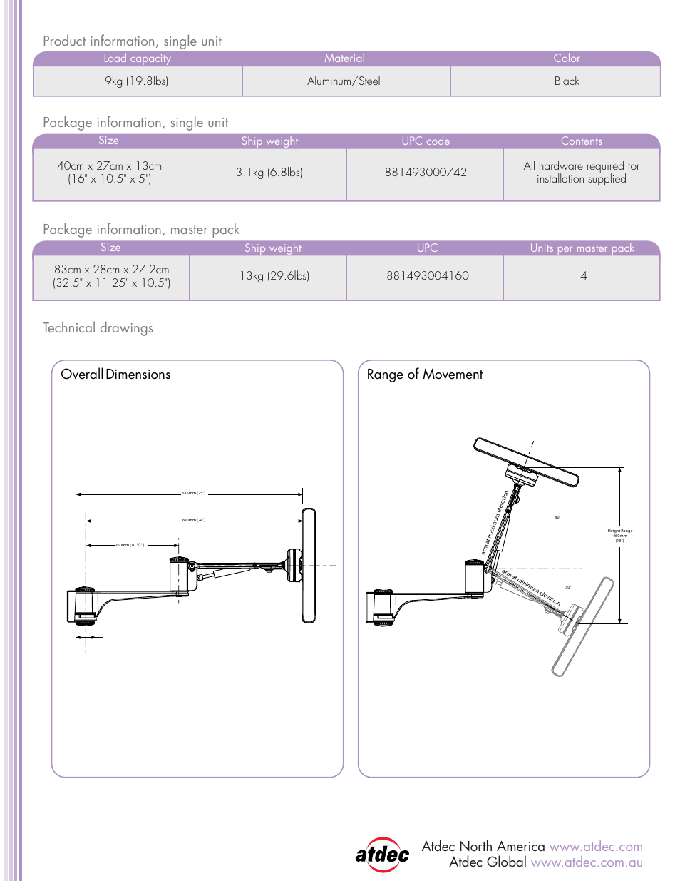 Range of movement, Overall dimensions | Atdec Spacedec SD-AT-DW product brochure User Manual | Page 2 / 2