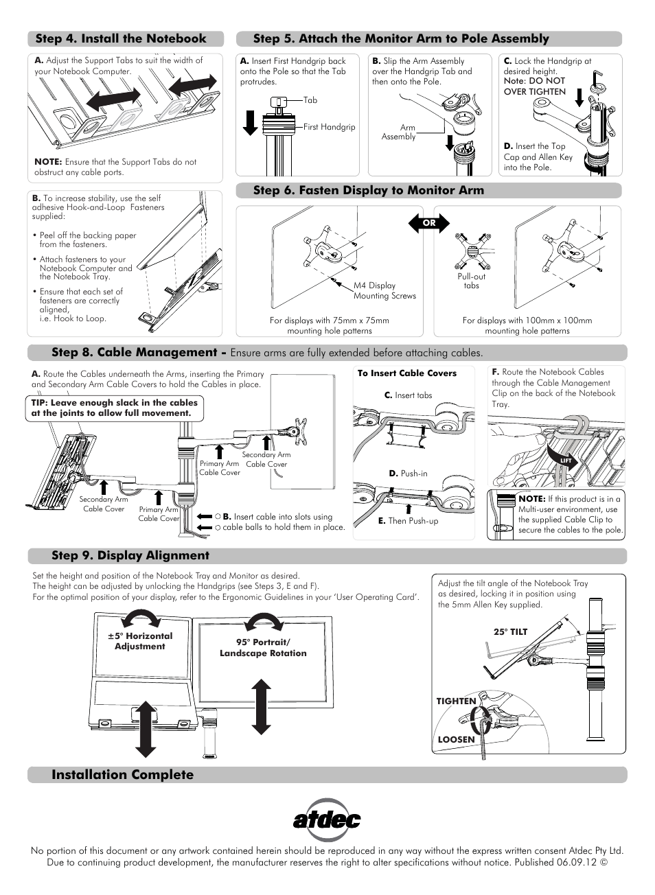Vf-at-nbc install manual (hi-res) p2-01, Installation complete, Step 6. fasten display to monitor arm | Step 8. cable management, Step 5. attach the monitor arm to pole assembly, Step 9. display alignment | Atdec Visidec VF-AT-NBC Installation manual User Manual | Page 2 / 2