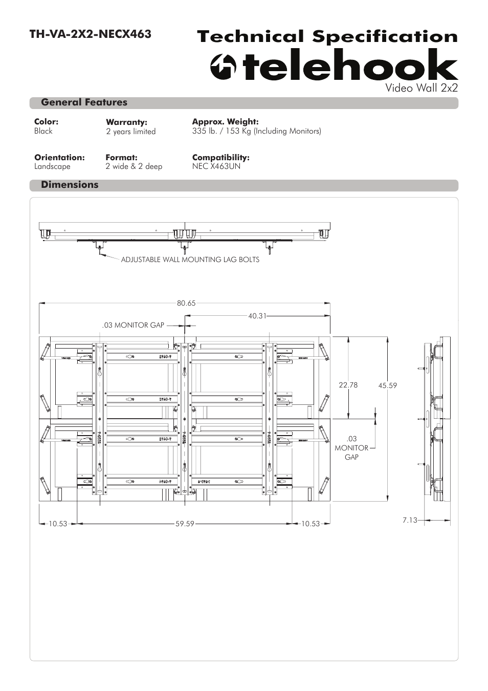 Atdec Telehook TH-VA-2x2-NECX463 Technical specs User Manual | 2 pages