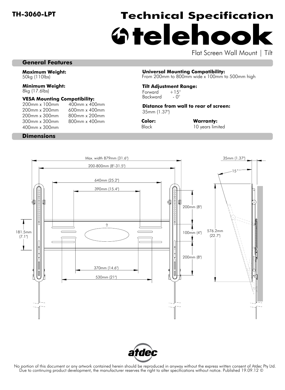 Atdec Telehook TH-3060-LPT Technical specs User Manual | 1 page