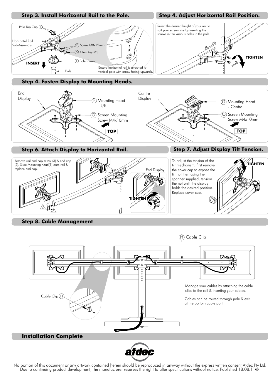 Installation complete, Step 8. cable management, Step 3. install horizontal rail to the pole | Step 4. adjust horizontal rail position, Step 7. adjust display tilt tension | Atdec Spacedec SD-FS-T Installation manual User Manual | Page 2 / 2