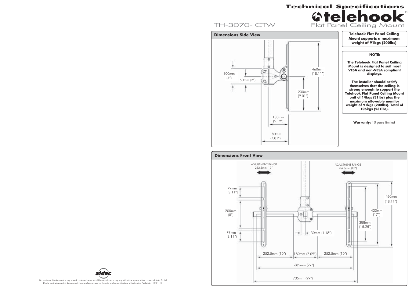 Atdec Telehook TH-3070-CTW Technical specs User Manual | 2 pages