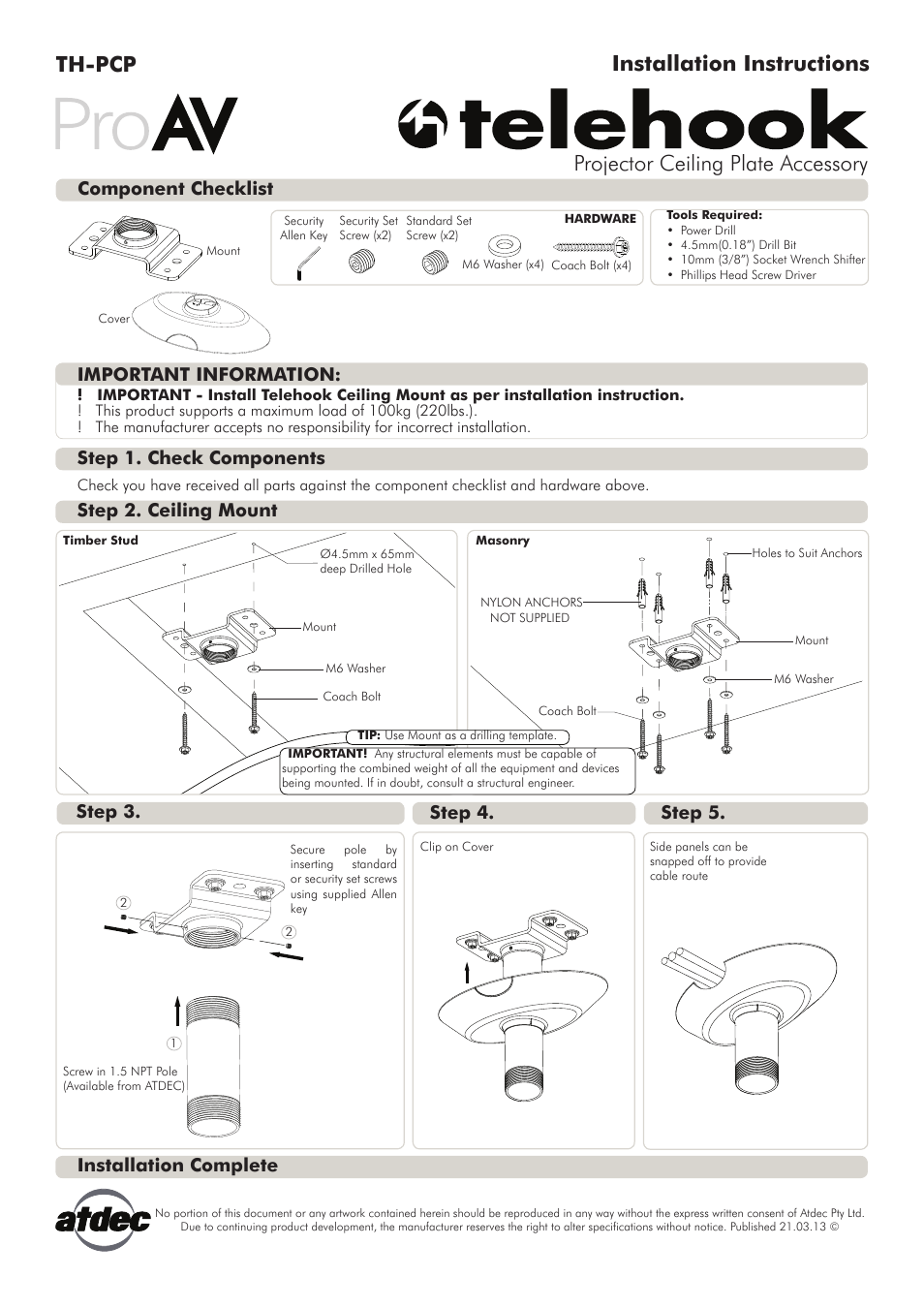 Atdec Telehook TH-PCP Installation manual User Manual | 1 page