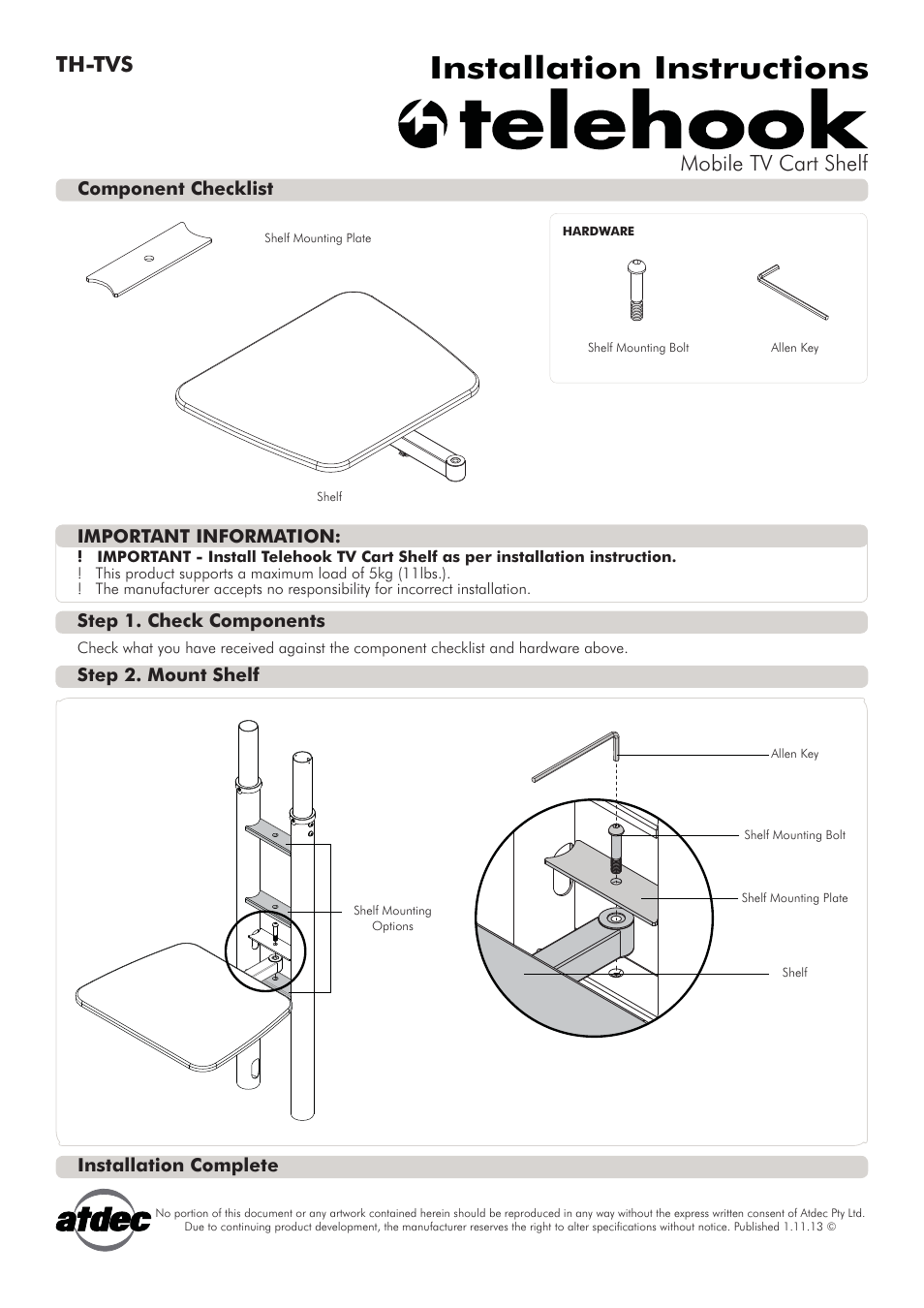 Atdec Telehook TH-TVS Installation manual User Manual | 1 page