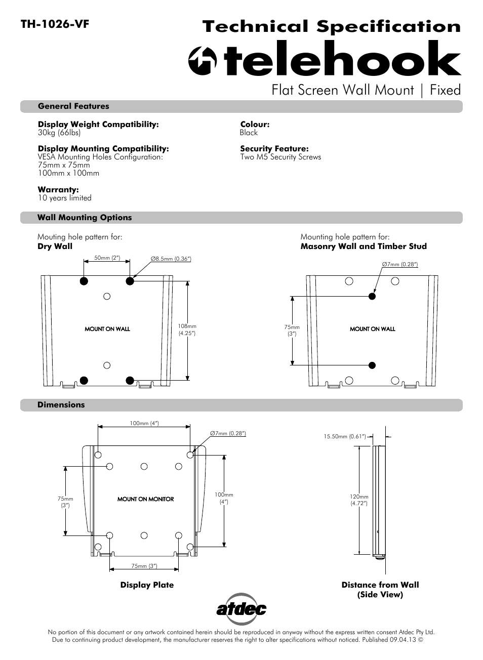 Atdec Telehook TH-1026-VF Technical specs User Manual | 1 page