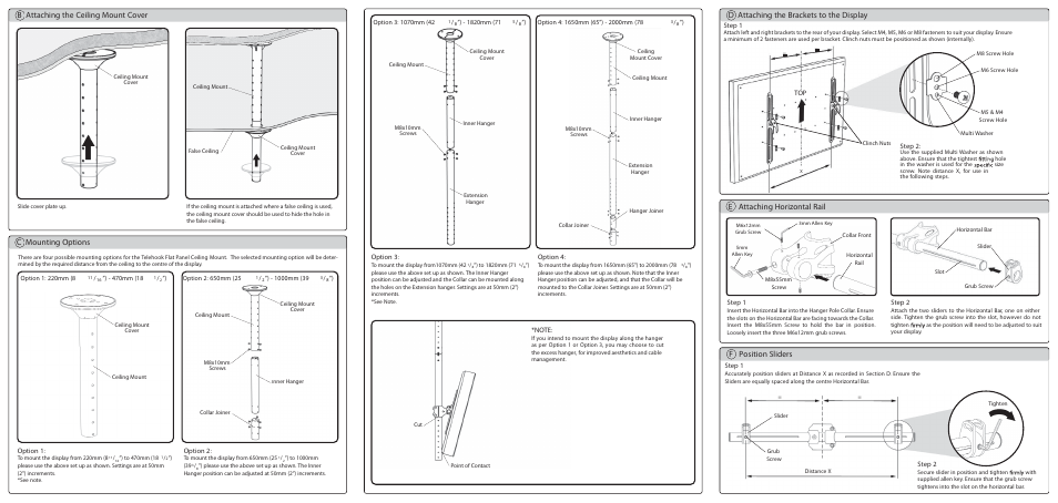 B attaching the ceiling mount cover, C mounting options, D attaching the brackets to the display | E attaching horizontal rail, F position sliders, Option 1, Option 2, Option 3, Option 4, Step 2 | Atdec Telehook TH-3070-CTW Installation manual User Manual | Page 2 / 2