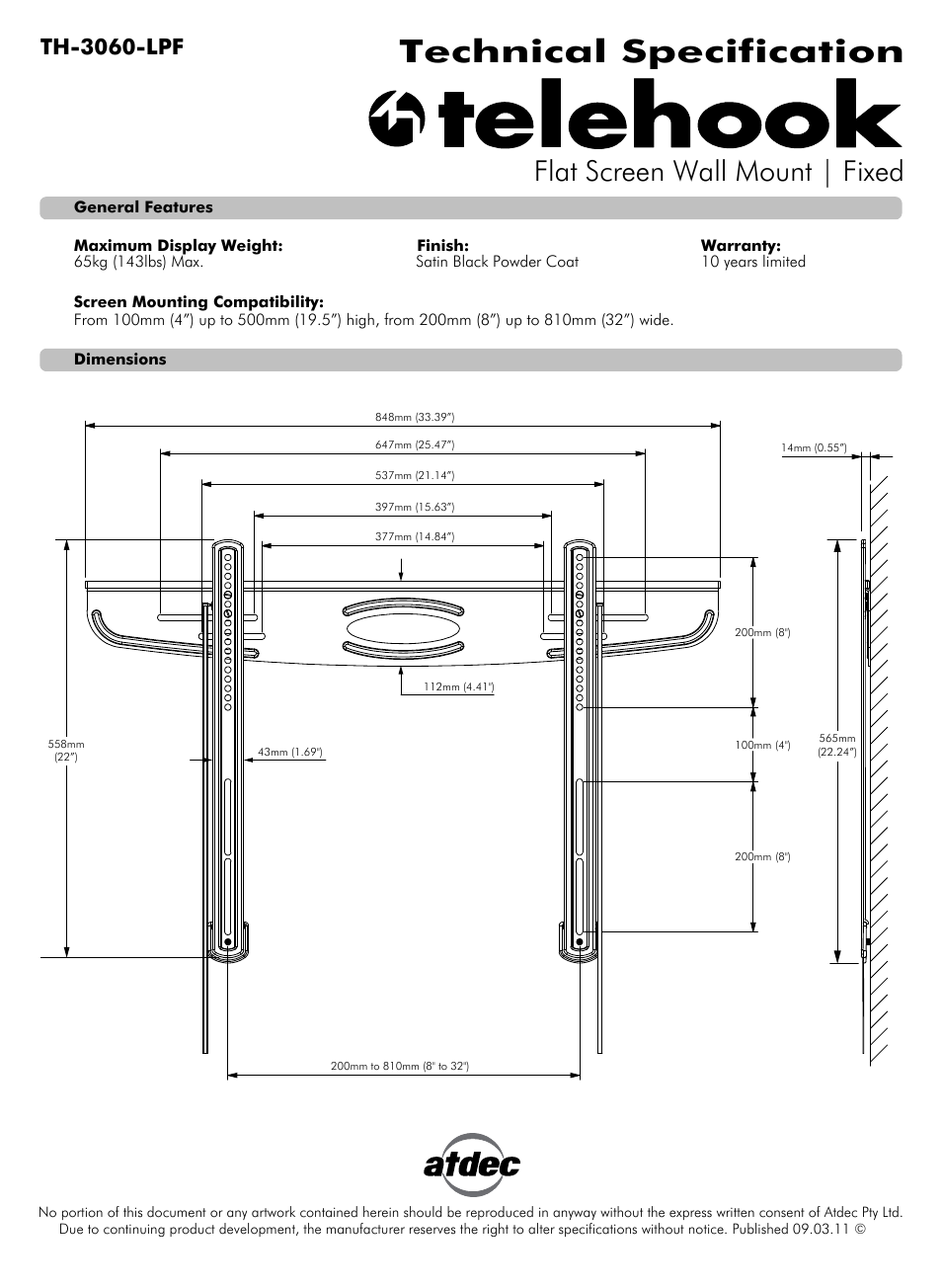Atdec Telehook TH-3060-LPF Technical specs User Manual | 1 page