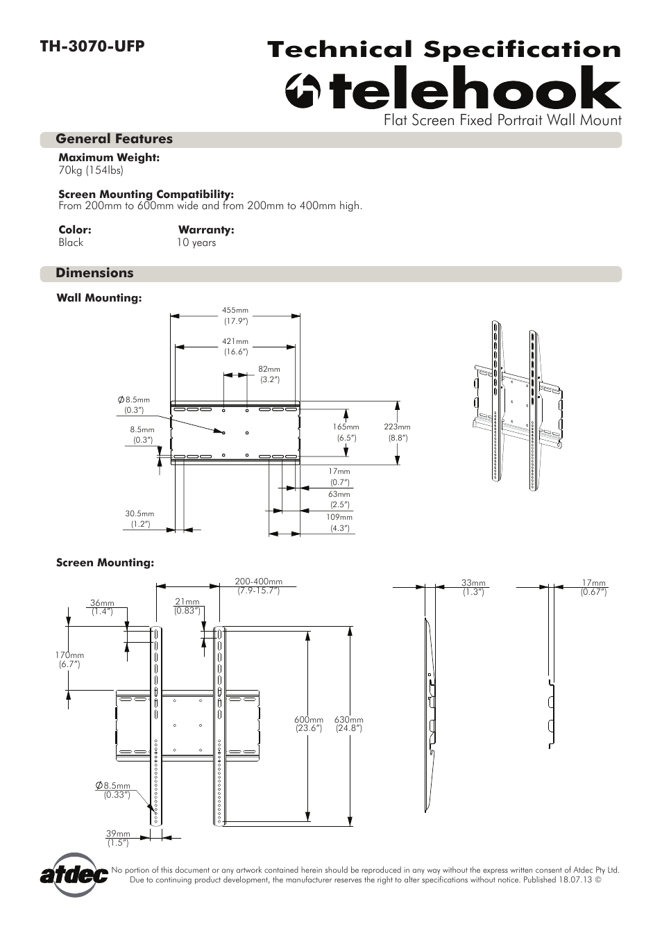 Atdec Telehook TH-3070-UFP Technical specs User Manual | 1 page