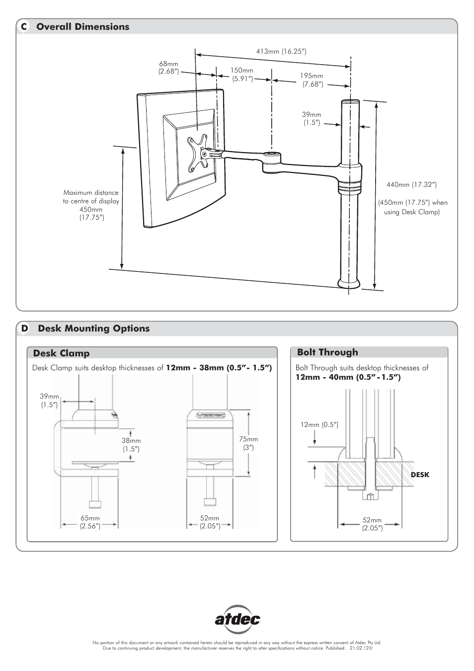 Visidec vf-at technical specs1-01, Bolt through | Atdec Visidec VF-AT Technical specs User Manual | Page 2 / 2