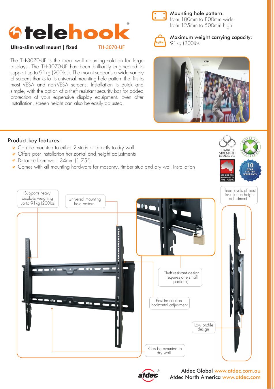 Atdec Telehook TH-3070-UF product brochure User Manual | 2 pages