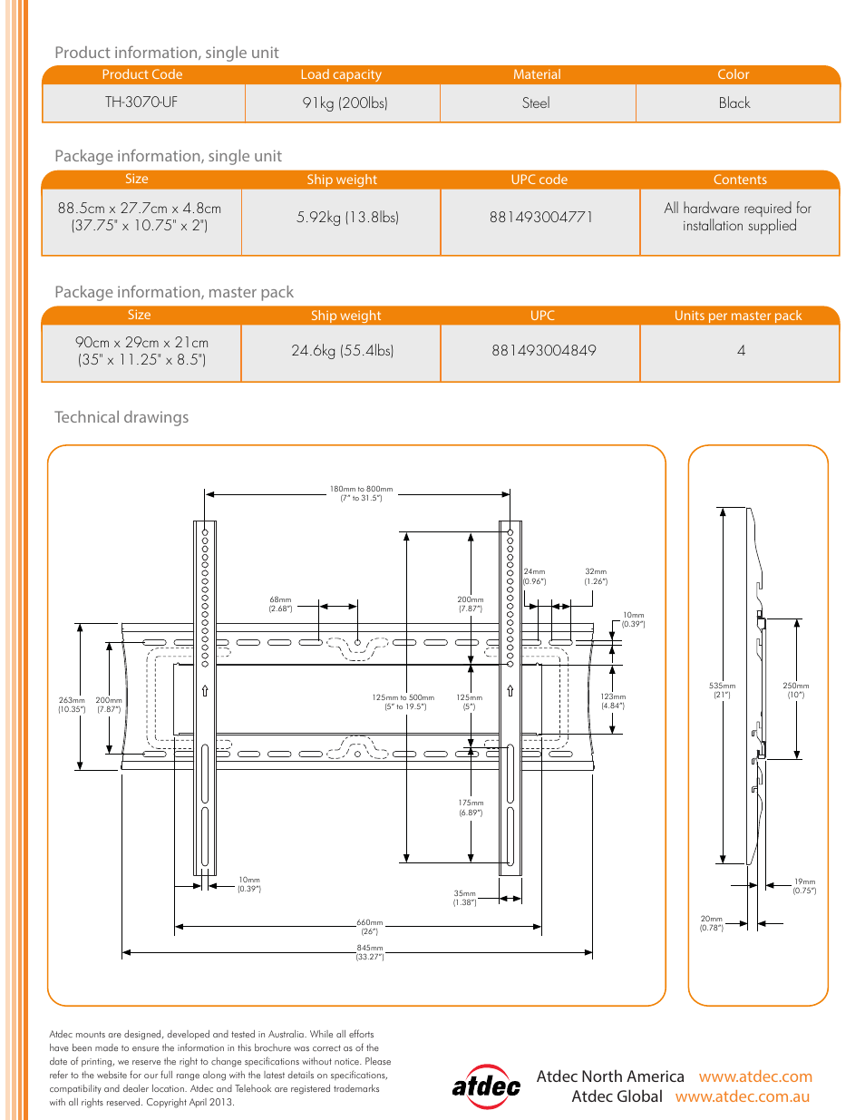Telehook th-3070-uf product brochure-p2 new | Atdec Telehook TH-3070-UF product brochure User Manual | Page 2 / 2