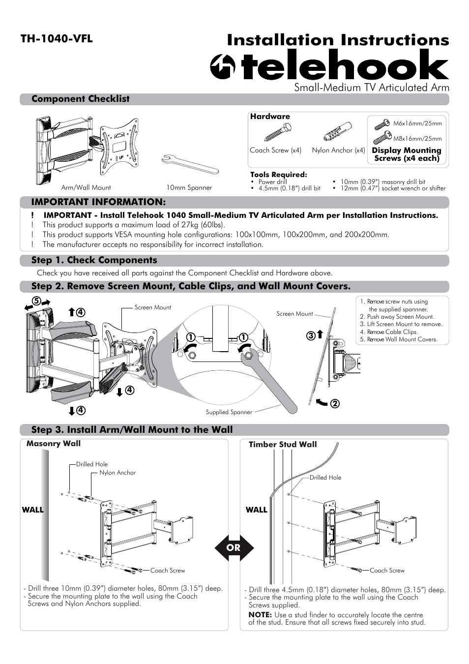Atdec Telehook TH-1040-VFL Installation manual User Manual | 2 pages