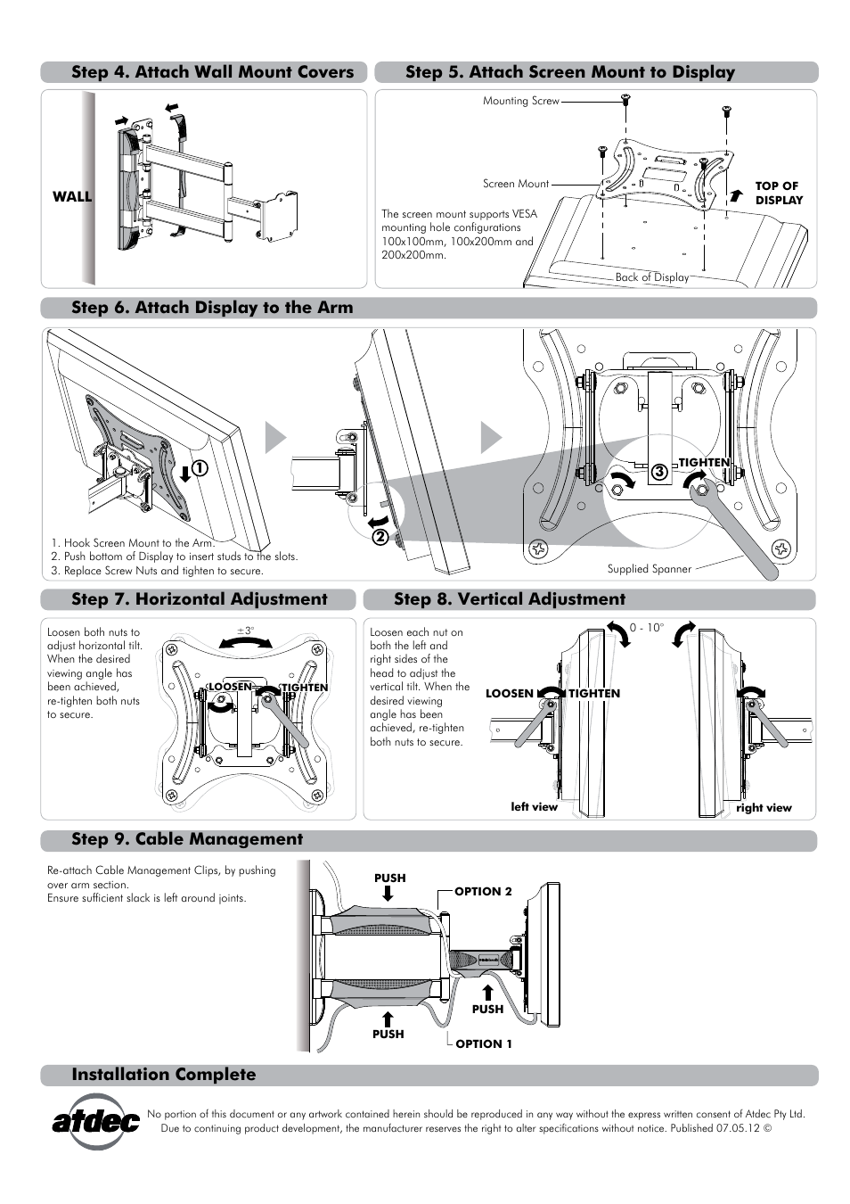 Installation complete, Step 8. vertical adjustment | Atdec Telehook TH-1040-VFL Installation manual User Manual | Page 2 / 2