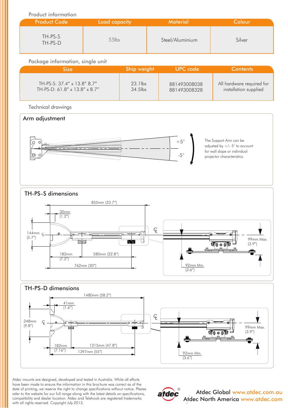 Telehook proav wall product brochure p2, Flat screen portrait wall mount | tilt, General features | Steel/aluminium, Silver, Technical drawings, Size | Atdec Telehook TH-PS-D product brochure User Manual | Page 2 / 2