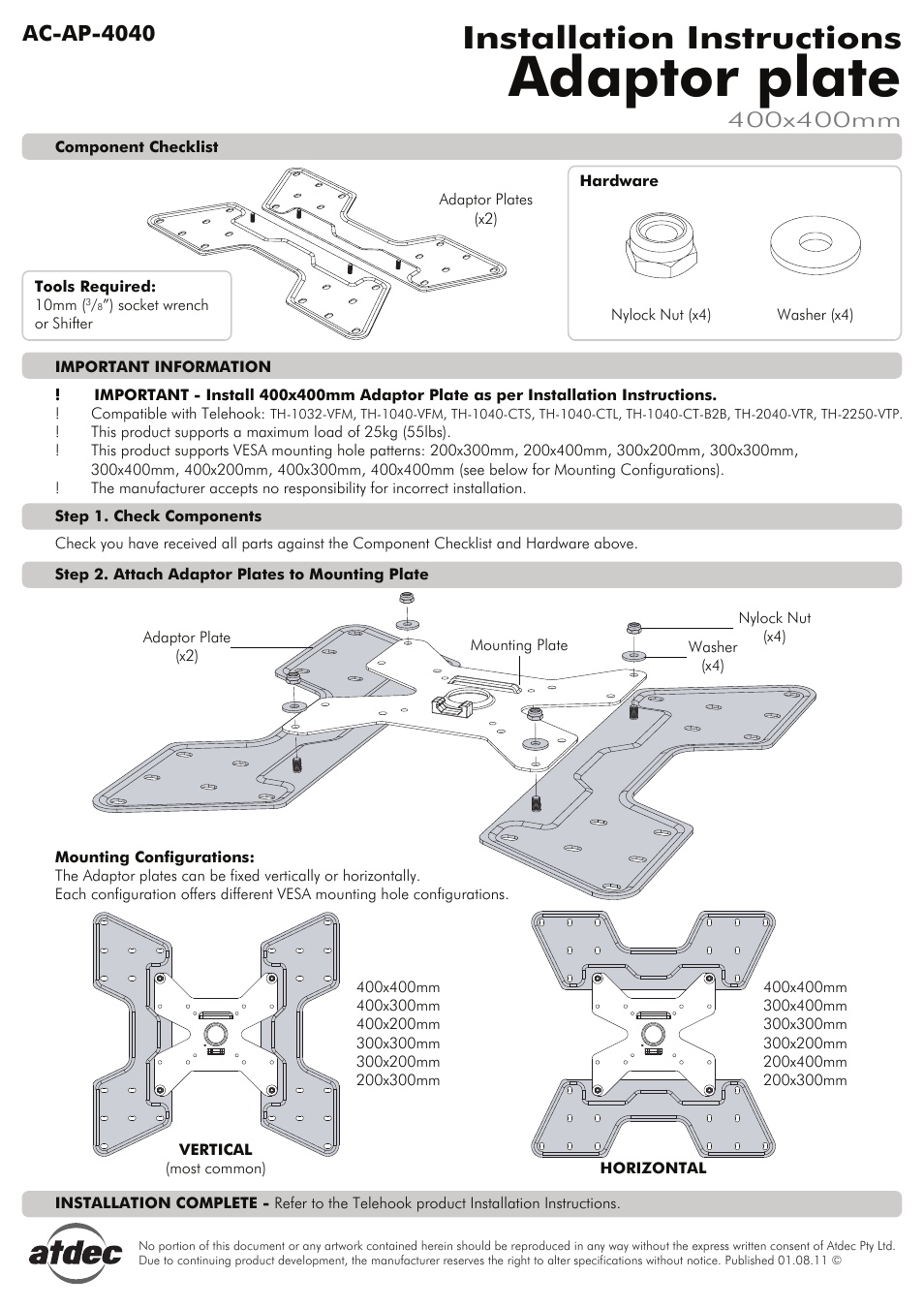 Atdec Adaptor AC-AP-4040 Installation manual User Manual | 1 page