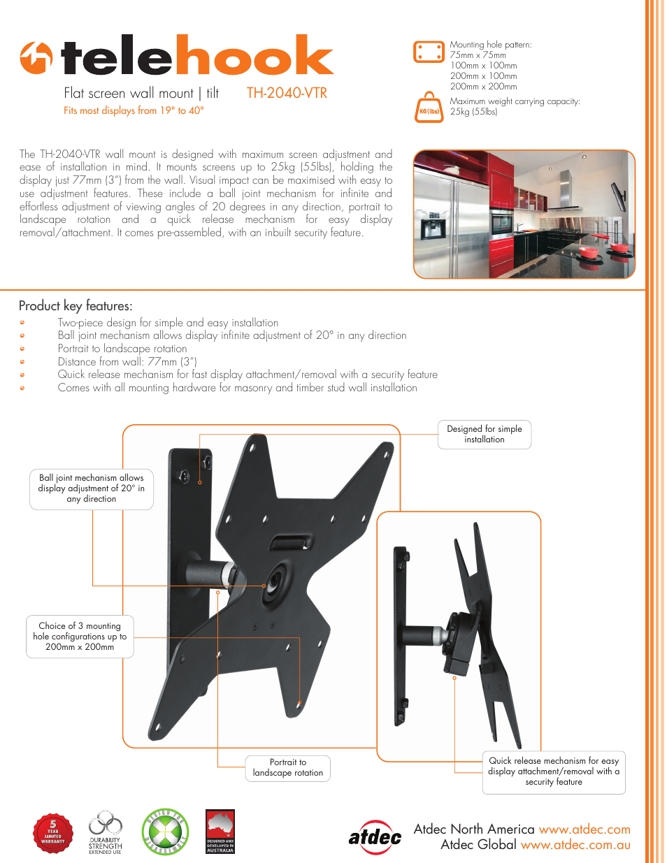 Atdec Telehook TH-2040-VTR product brochure User Manual | 2 pages