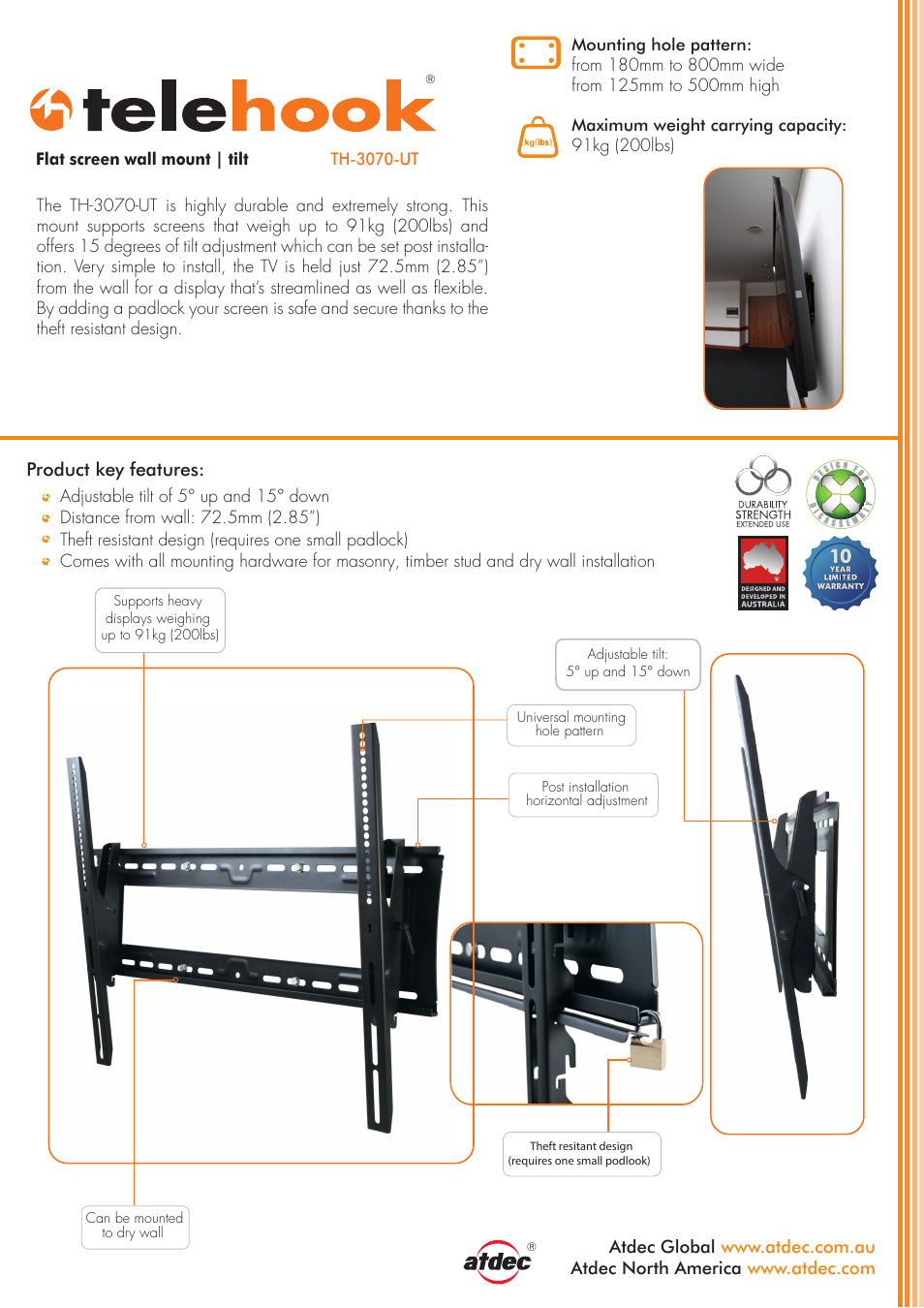 Atdec Telehook TH-3070-UT product brochure User Manual | 2 pages