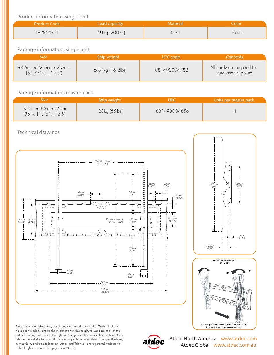 Telehook th-3070-ut product brochure-p2, Product code th-3070-ut | Atdec Telehook TH-3070-UT product brochure User Manual | Page 2 / 2
