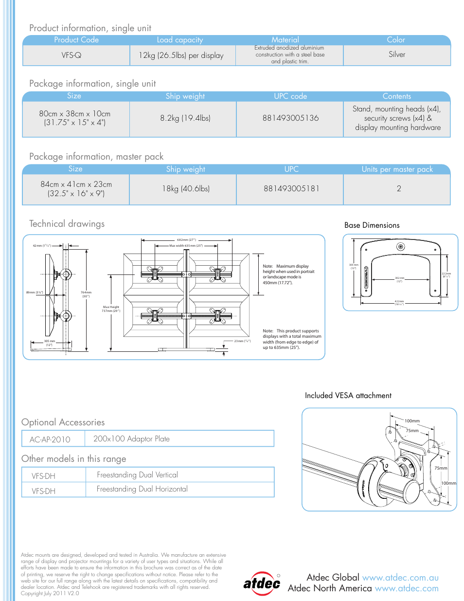 Optional accessories, Other models in this range, Base dimensions included vesa attachment | Atdec Visidec VFS-Q product brochure User Manual | Page 2 / 2