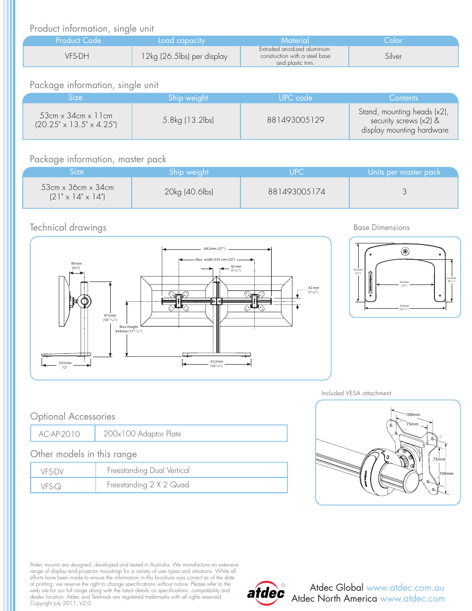 Vfs-dh-back-pbk-rev04, Optional accessories, Other models in this range | Base dimensions | Atdec Visidec VFS-DH product brochure User Manual | Page 2 / 2