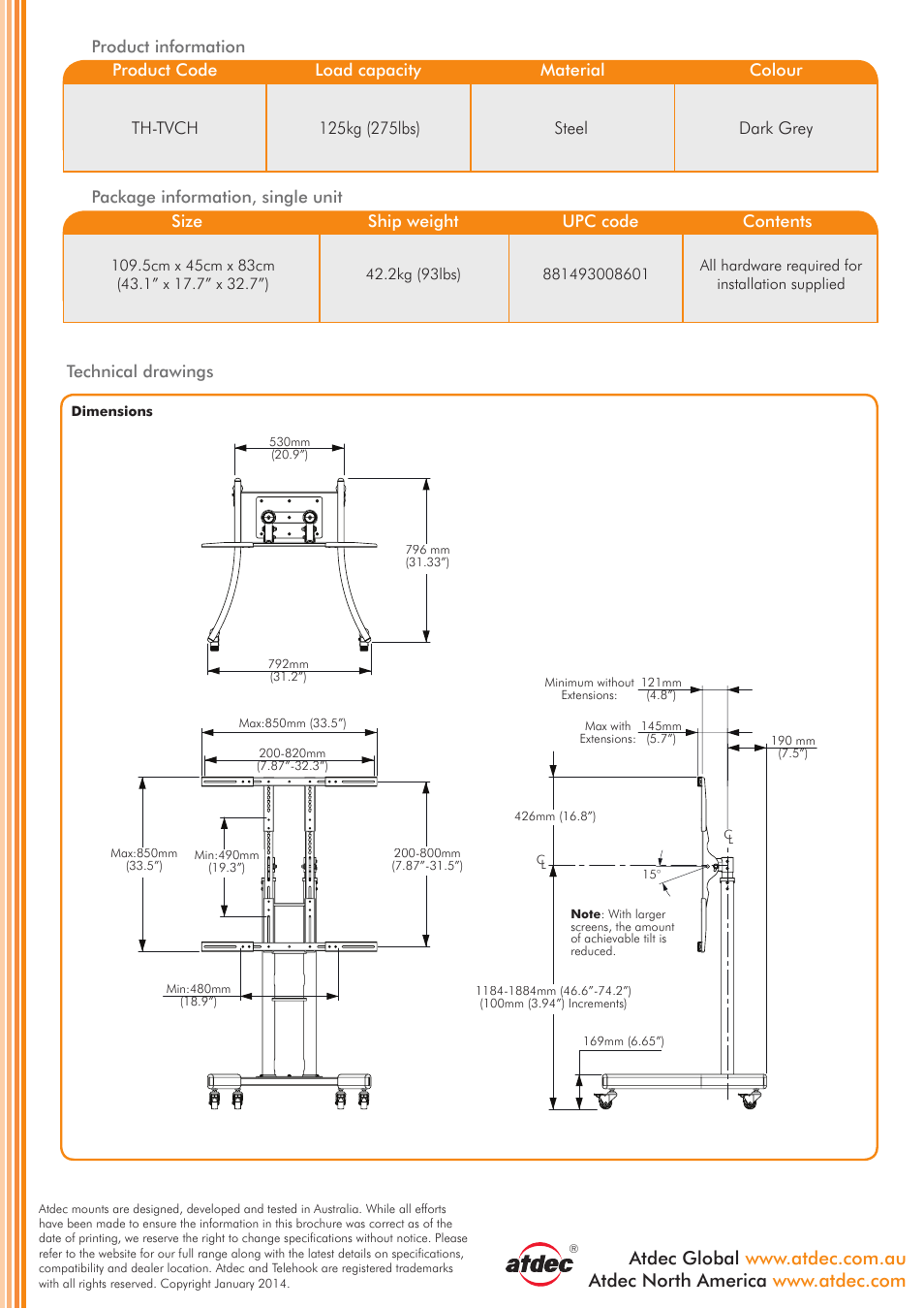 Steel, Dark grey, Technical drawings | 2kg (93lbs), All hardware required for installation supplied | Atdec Telehook TH-TVCH product brochure User Manual | Page 2 / 2