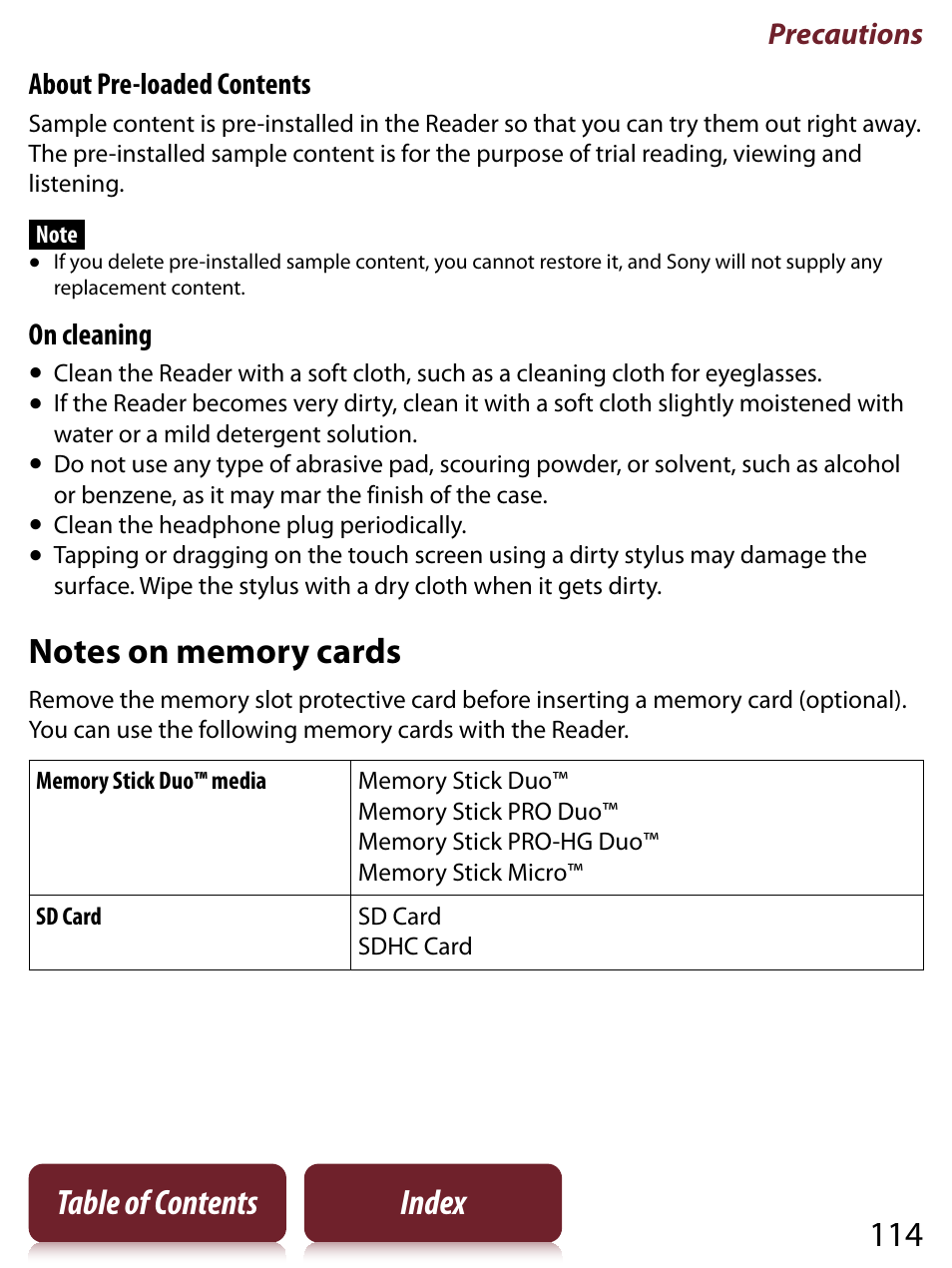 Eader, 114 table of contents index, Precautions | About pre-loaded contents, On cleaning | Sony PRS-650 User Manual | Page 114 / 139