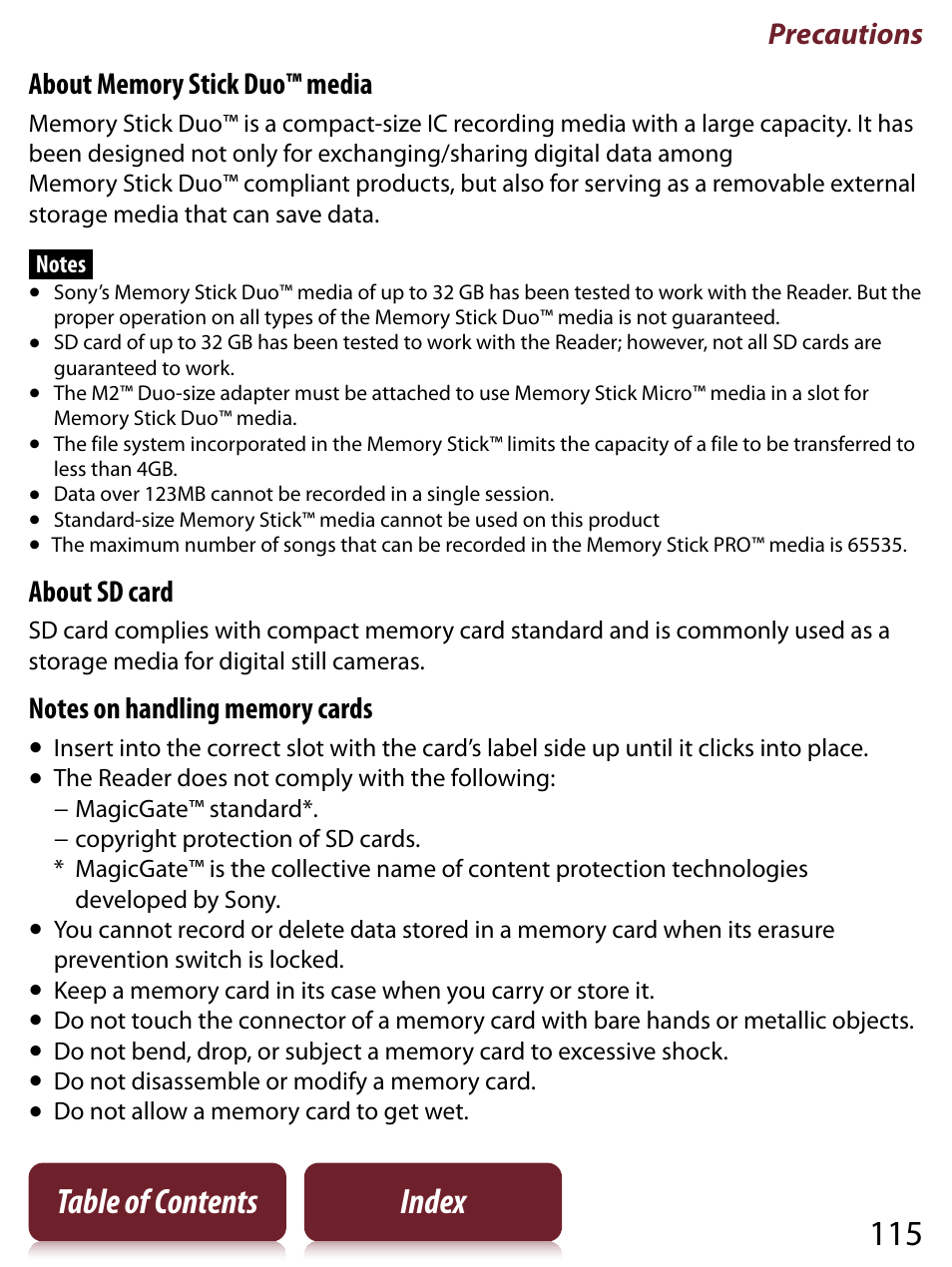 115 table of contents index, Precautions, About sd card | Sony PRS-650 User Manual | Page 115 / 139