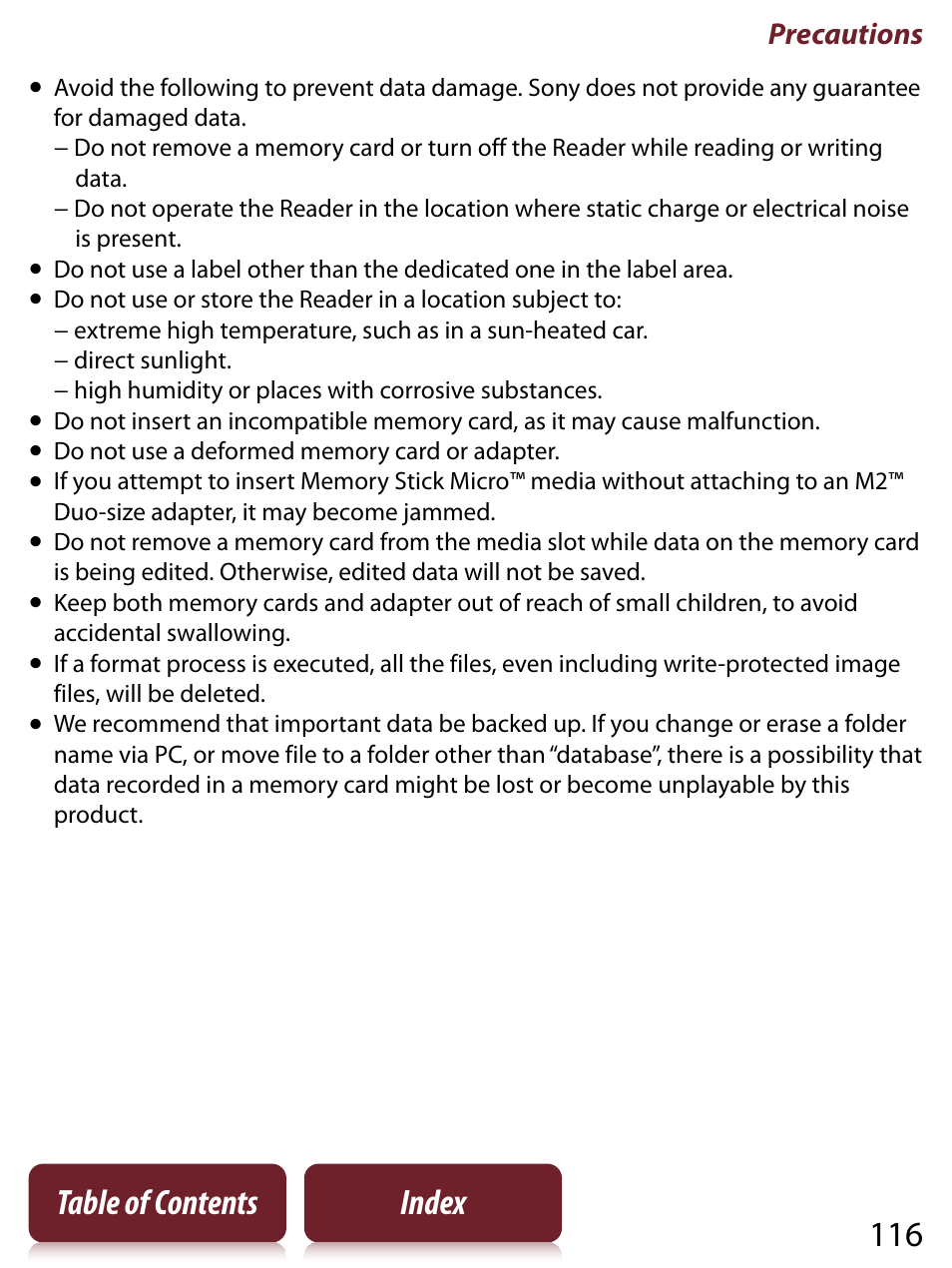 116 table of contents index, Precautions | Sony PRS-650 User Manual | Page 116 / 139