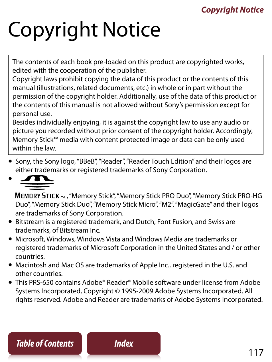 Copyright notice, 117 table of contents index | Sony PRS-650 User Manual | Page 117 / 139