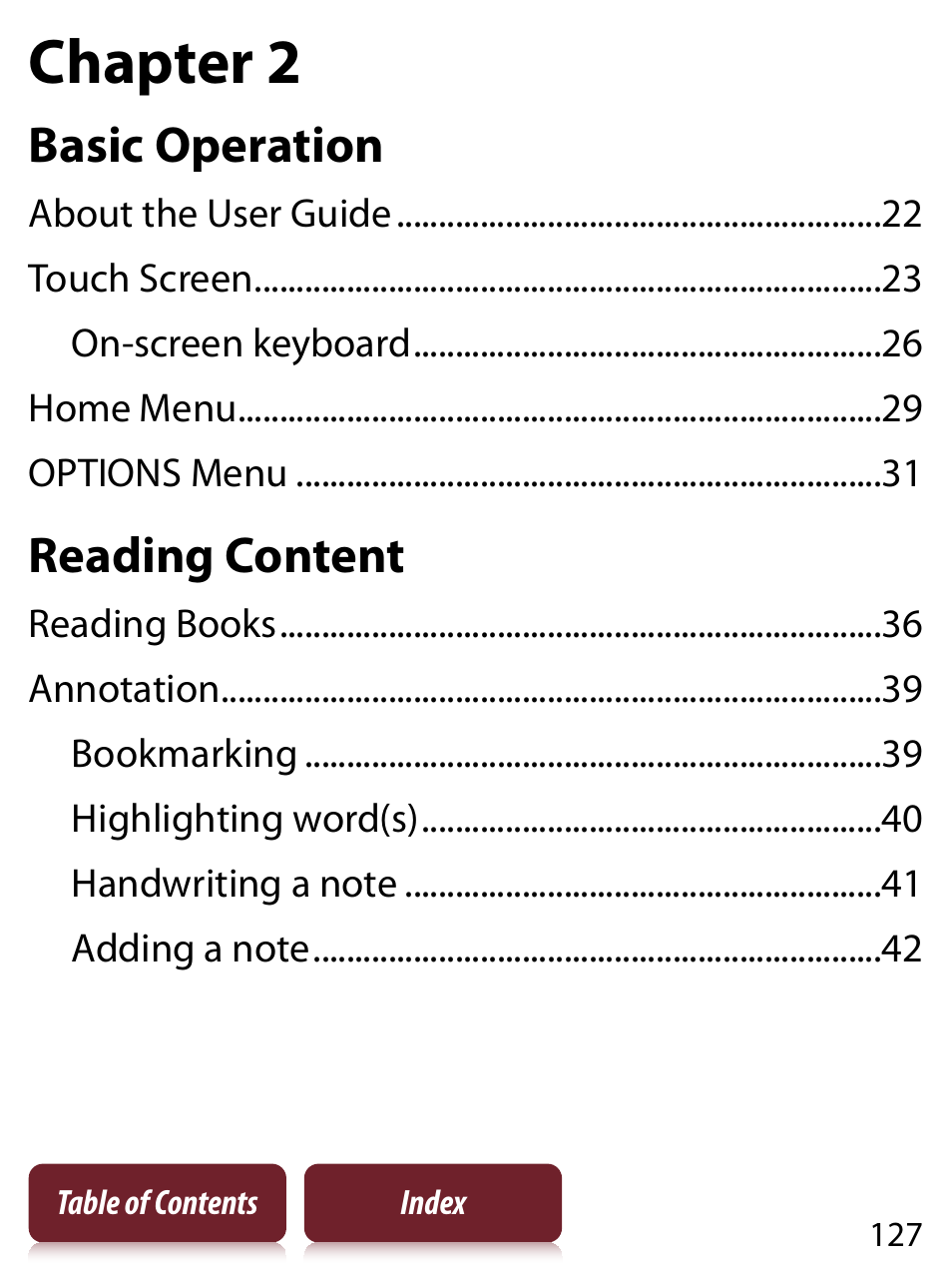 Chapter 2, Basic operation, Reading content | Sony PRS-650 User Manual | Page 127 / 139