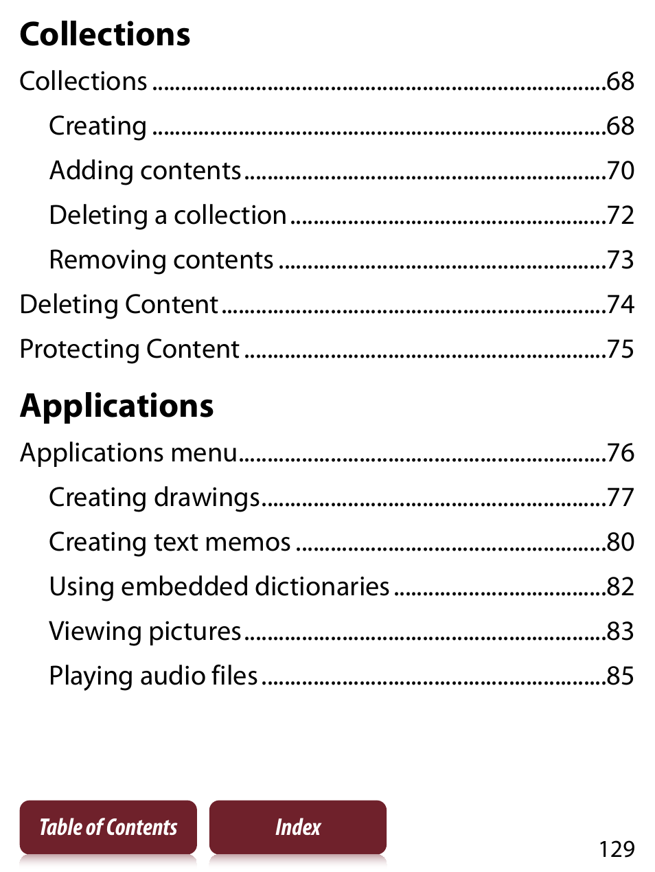Collections, Applications | Sony PRS-650 User Manual | Page 129 / 139