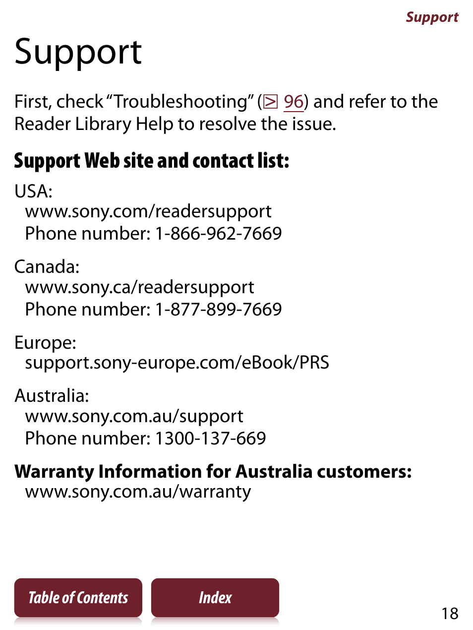 Support, Support web site and contact list | Sony PRS-650 User Manual | Page 18 / 139