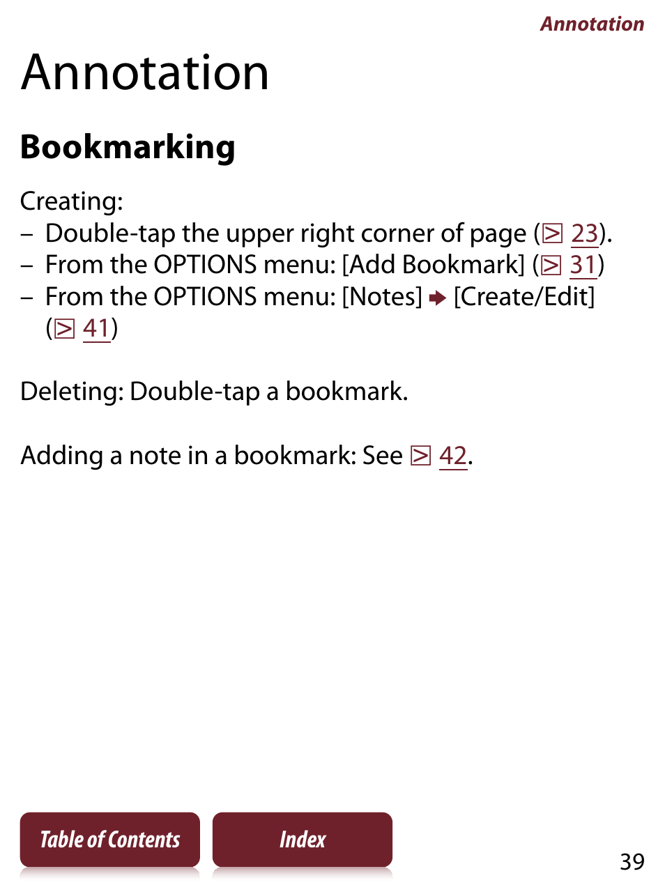Annotation, Bookmarking | Sony PRS-650 User Manual | Page 39 / 139