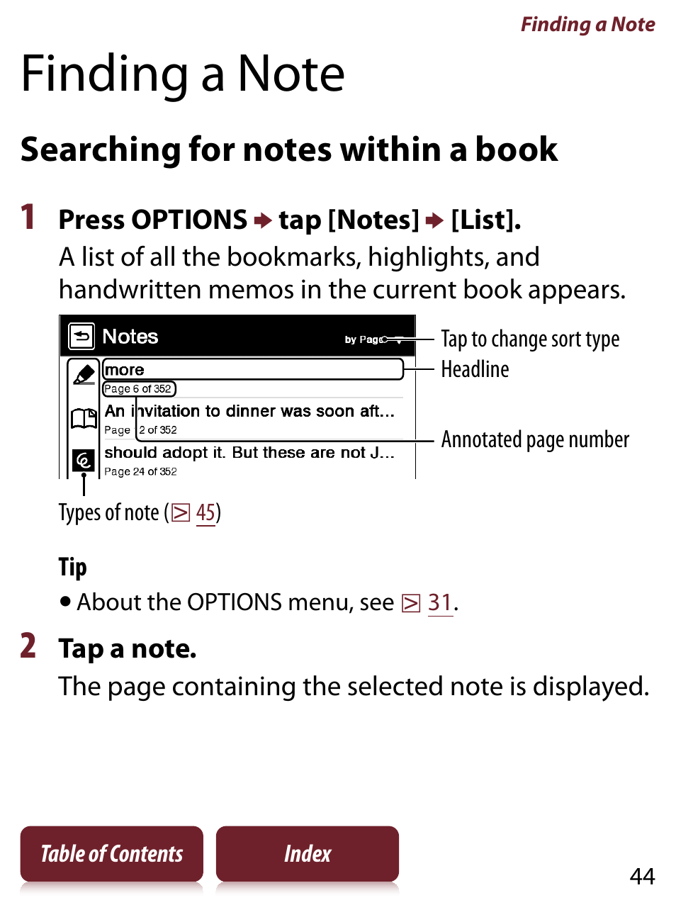 Finding a note, Searching for notes within a book, Es within a book | Among | Sony PRS-650 User Manual | Page 44 / 139