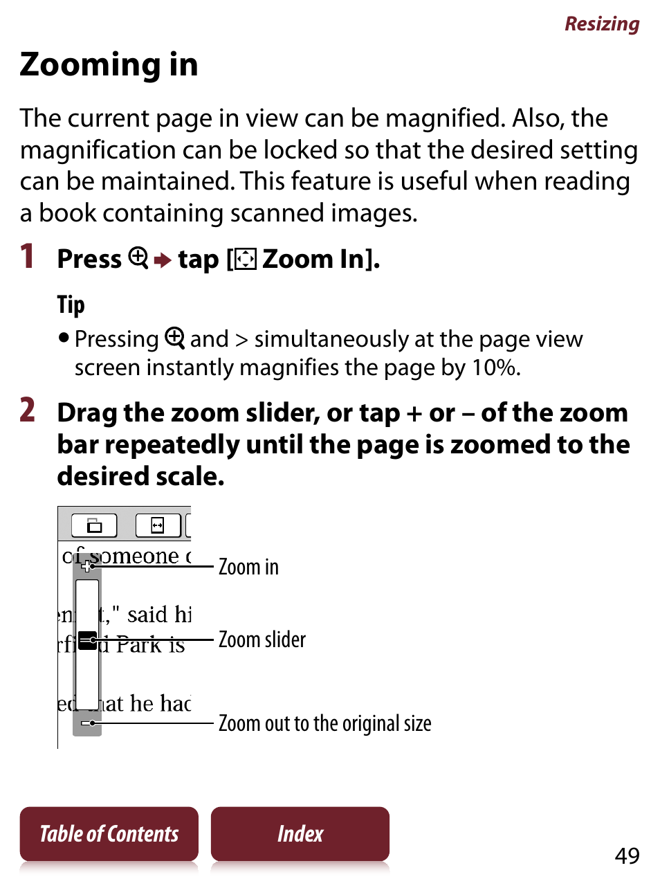 Zooming in, Oom-in mode, Tap and dr | Sony PRS-650 User Manual | Page 49 / 139