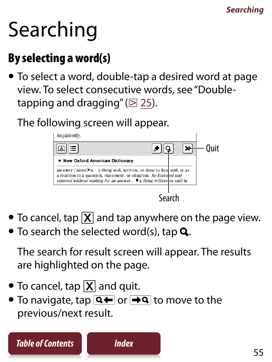 Searching, By selecting a word(s) | Sony PRS-650 User Manual | Page 55 / 139