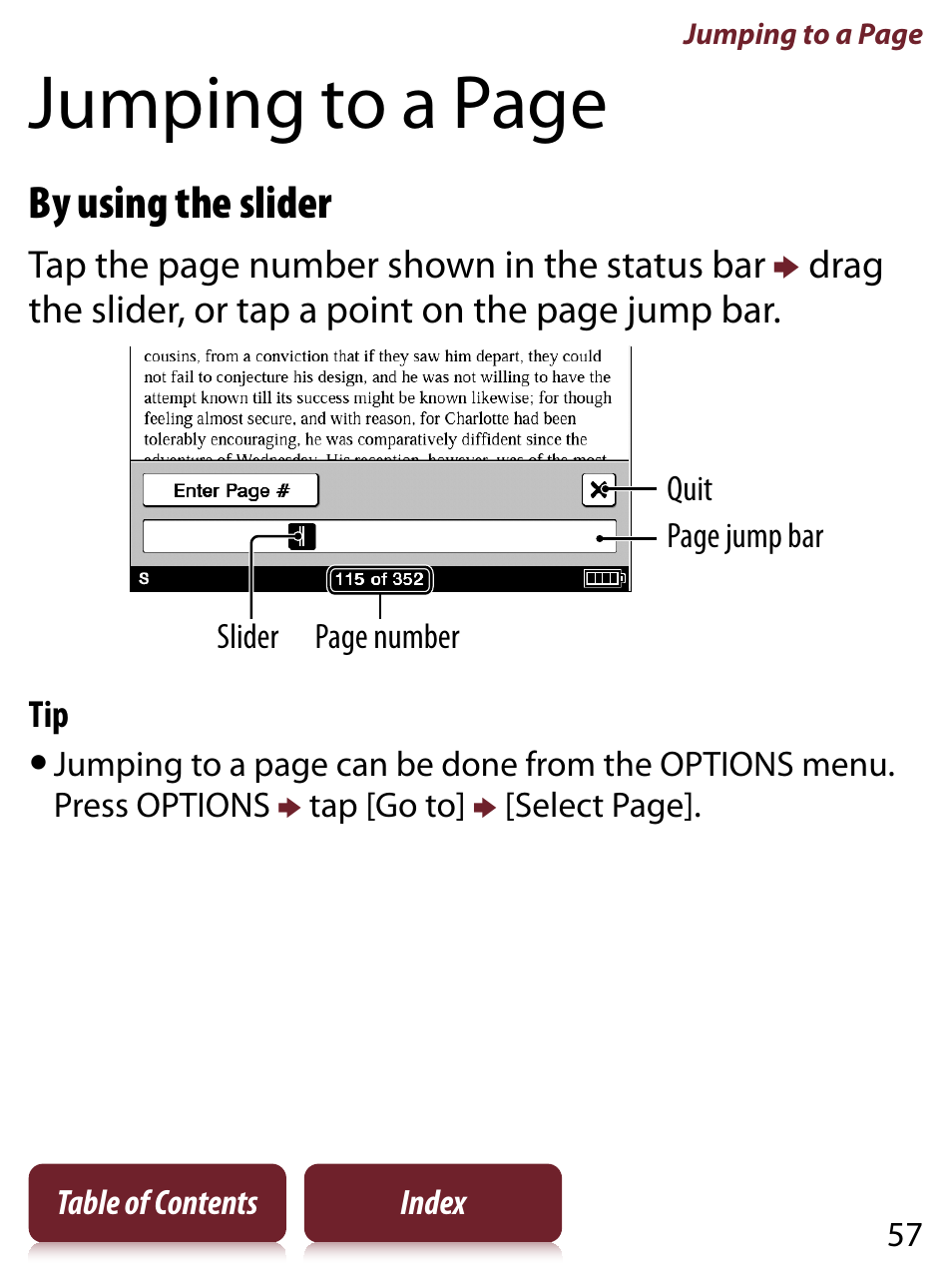 Jumping to a page, By using the slider | Sony PRS-650 User Manual | Page 57 / 139