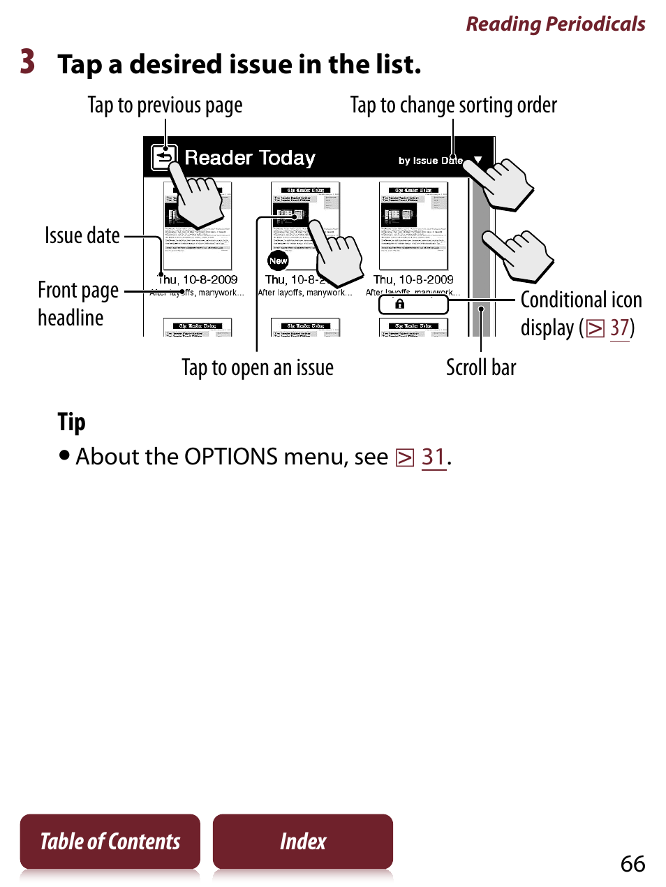 Tap a desired issue in the list | Sony PRS-650 User Manual | Page 66 / 139