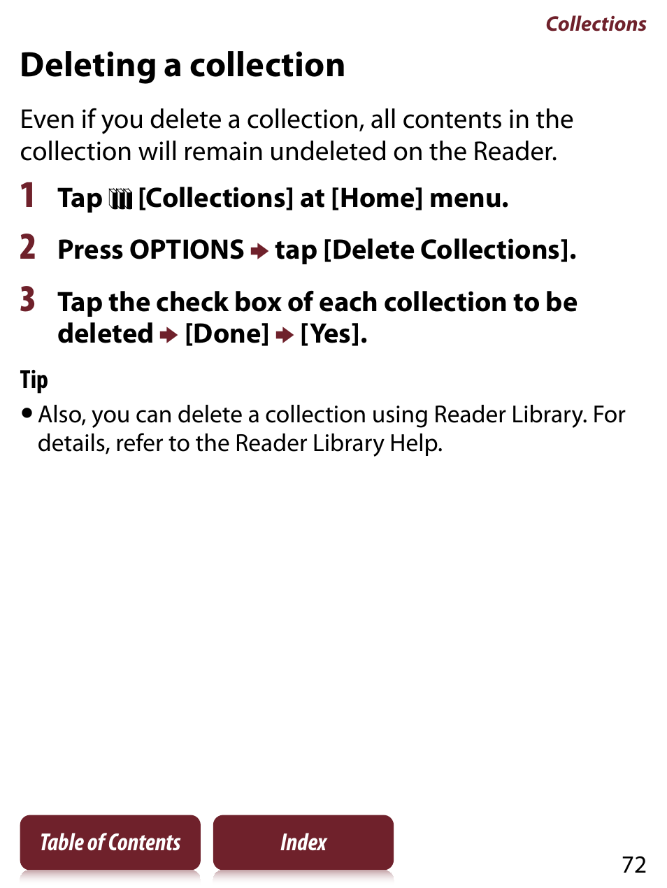 Deleting a collection, Eleting | Sony PRS-650 User Manual | Page 72 / 139