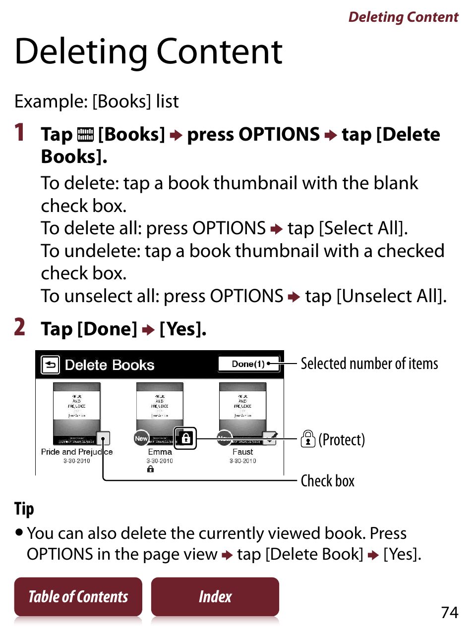 Deleting content, Eader | Sony PRS-650 User Manual | Page 74 / 139