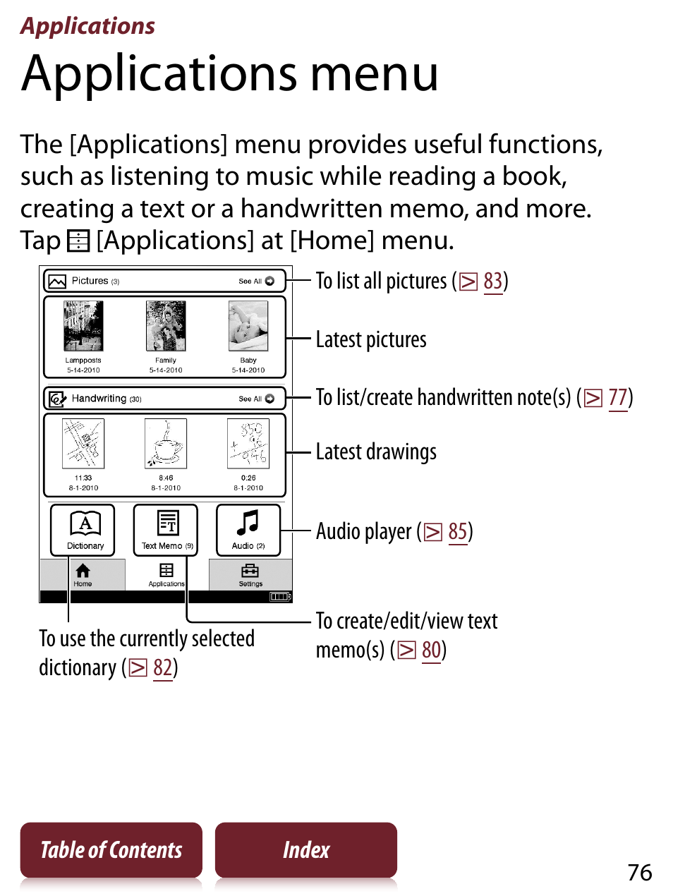 Applications, Applications menu | Sony PRS-650 User Manual | Page 76 / 139