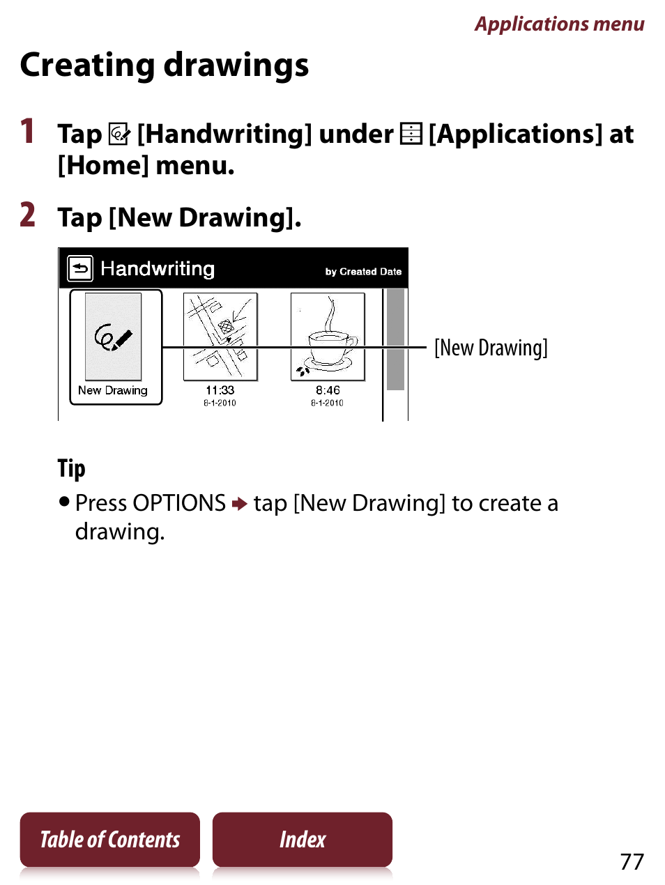Creating drawings, Iting, Wing | Or a t, E(s) | Sony PRS-650 User Manual | Page 77 / 139