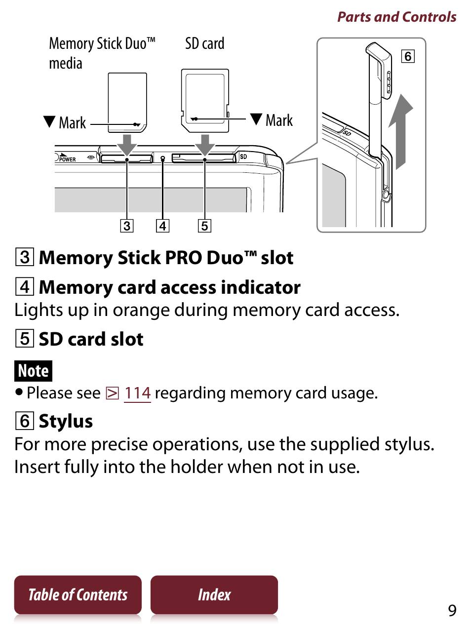 Sd card slot, Stylus | Sony PRS-650 User Manual | Page 9 / 139
