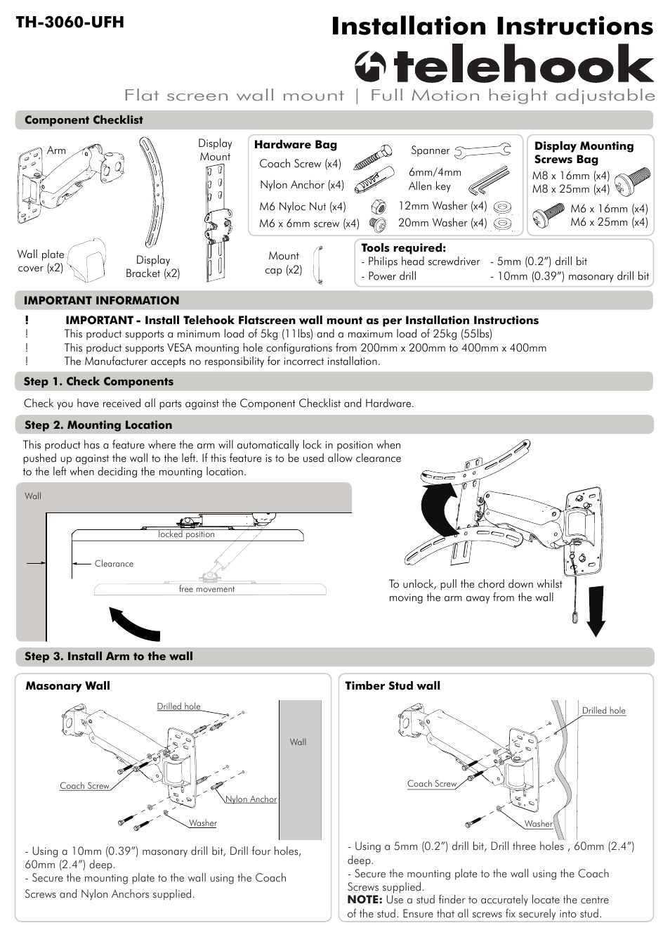 Atdec Telehook TH-3060-UFH Installation manual User Manual | 3 pages