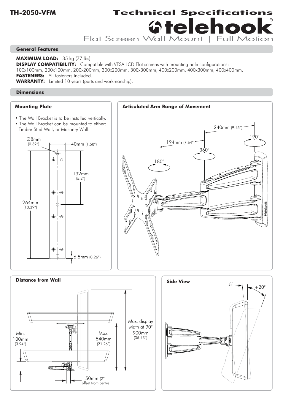 Atdec Telehook TH-2050-VFM Technical specs User Manual | 2 pages