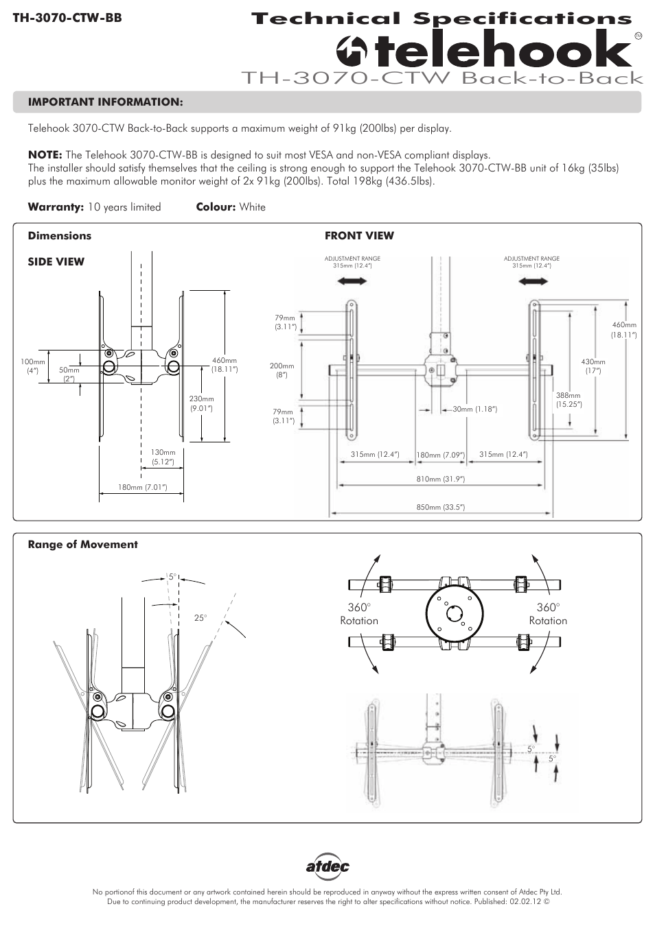 Atdec Telehook TH-3070-CTW-BB Technical specs User Manual | 1 page