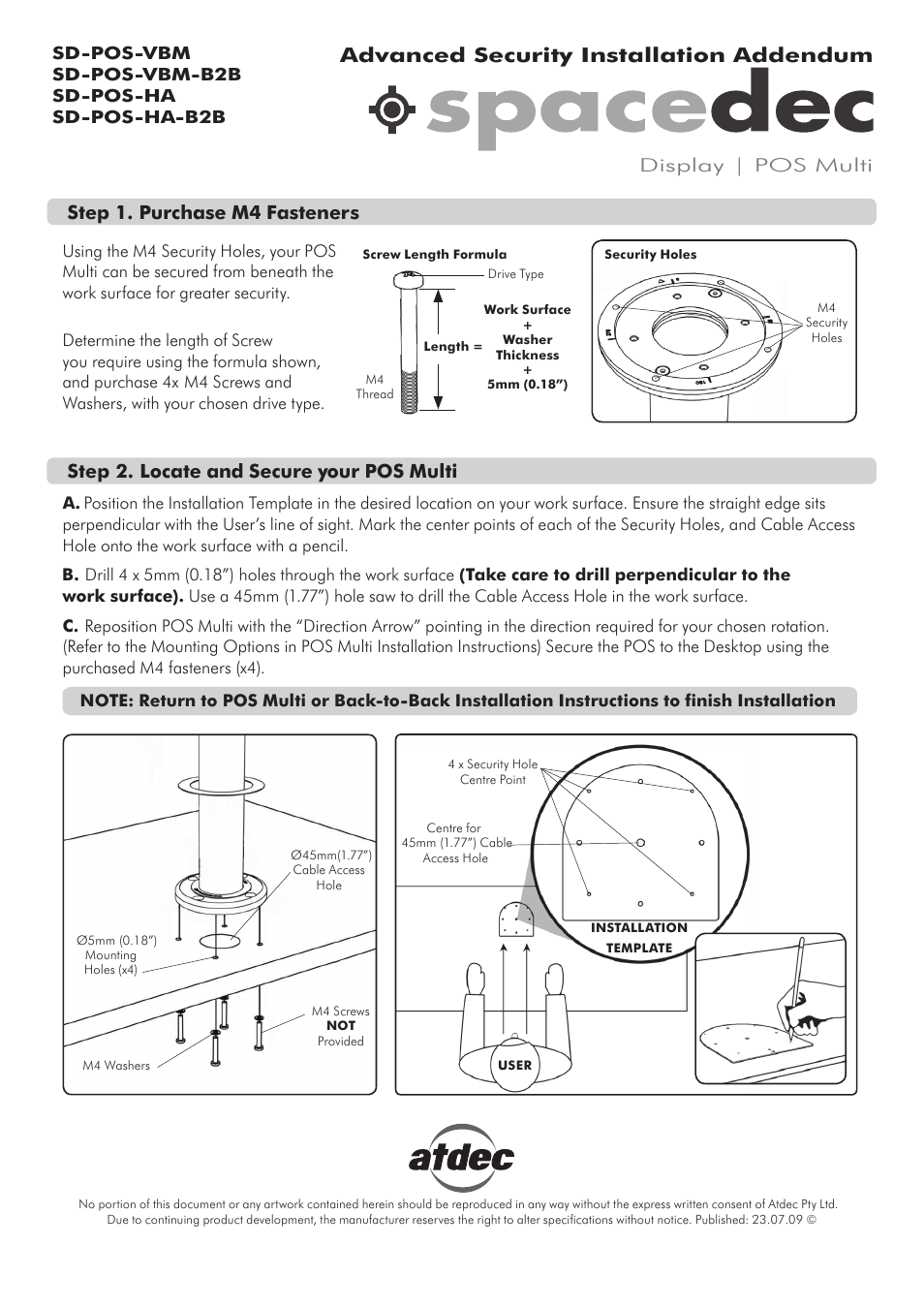 Advanced security installation addendum, Step 1. purchase m4 fasteners, Step 2. locate and secure your pos multi | Display | pos multi, Sd-pos-vbm sd-pos-vbm-b2b sd-pos-ha sd-pos-ha-b2b | Atdec Spacedec SD-POS-VBM-B2B Installation manual User Manual | Page 3 / 3